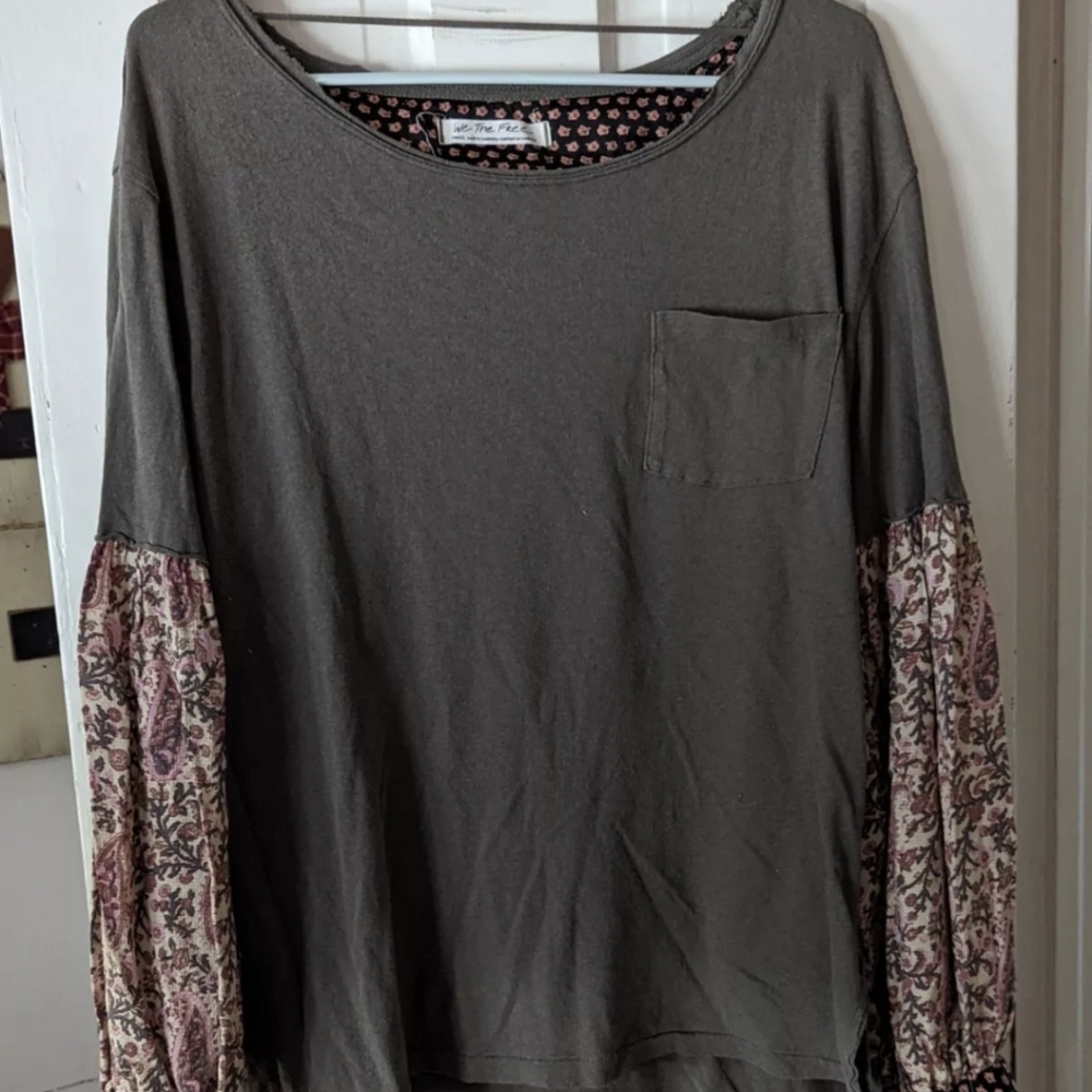 We The Free People Army Green w/ fabric long sleeve Shirt Top Women size S
